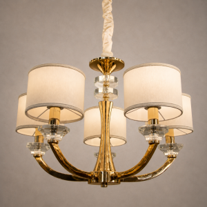Żyrandol Elegance 15936, złoty stelaż, białe abażury, średnica 60cm, wysokość regulowana 55-110 cm, 5 ramion